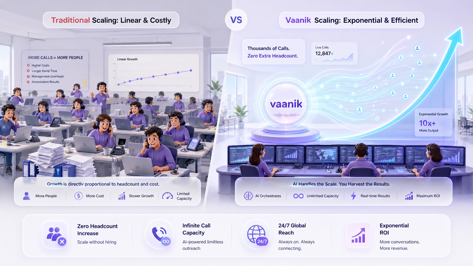 Comparison infographic: traditional linear scaling versus Vaanik outbound campaigns with controlled windows, retries, and outcomes.